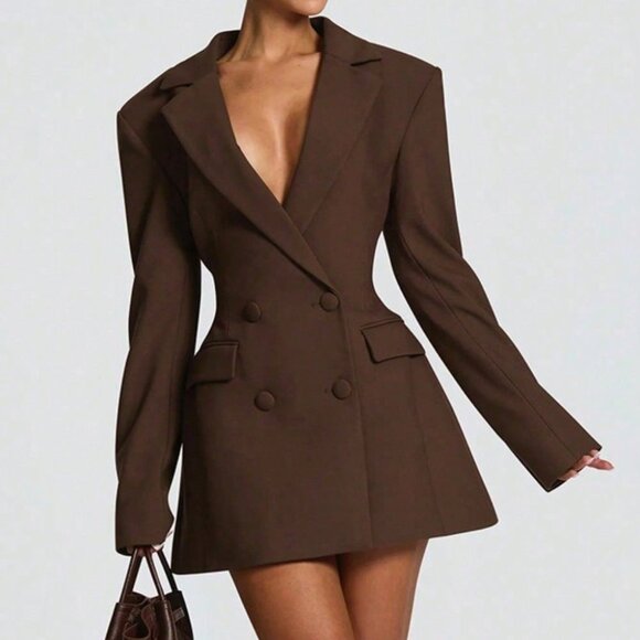 MODA ME COUTURE Jackets & Blazers - Brown Elegant Women's Double-Breasted Slim Fit Pocket Party Dress